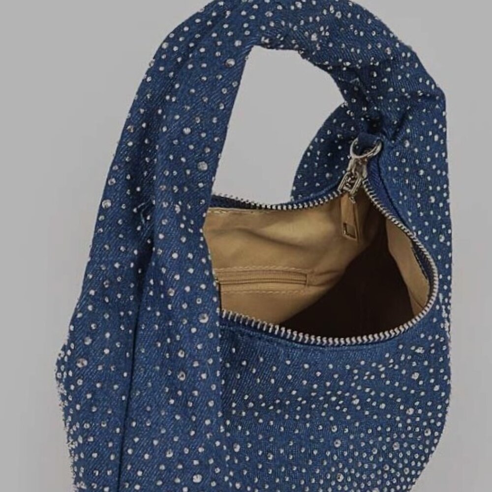 Rhinestone Denim Hobo Shoulder Bag – Sparkle Crossbody Purse Y2K NWT - Picture 4 of 11